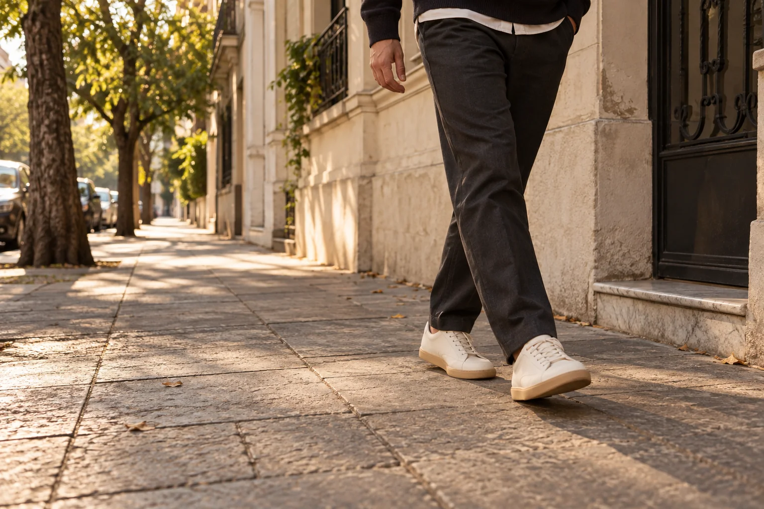 Una persona camina con zapatillas claras por una vereda arbolada de la ciudad.