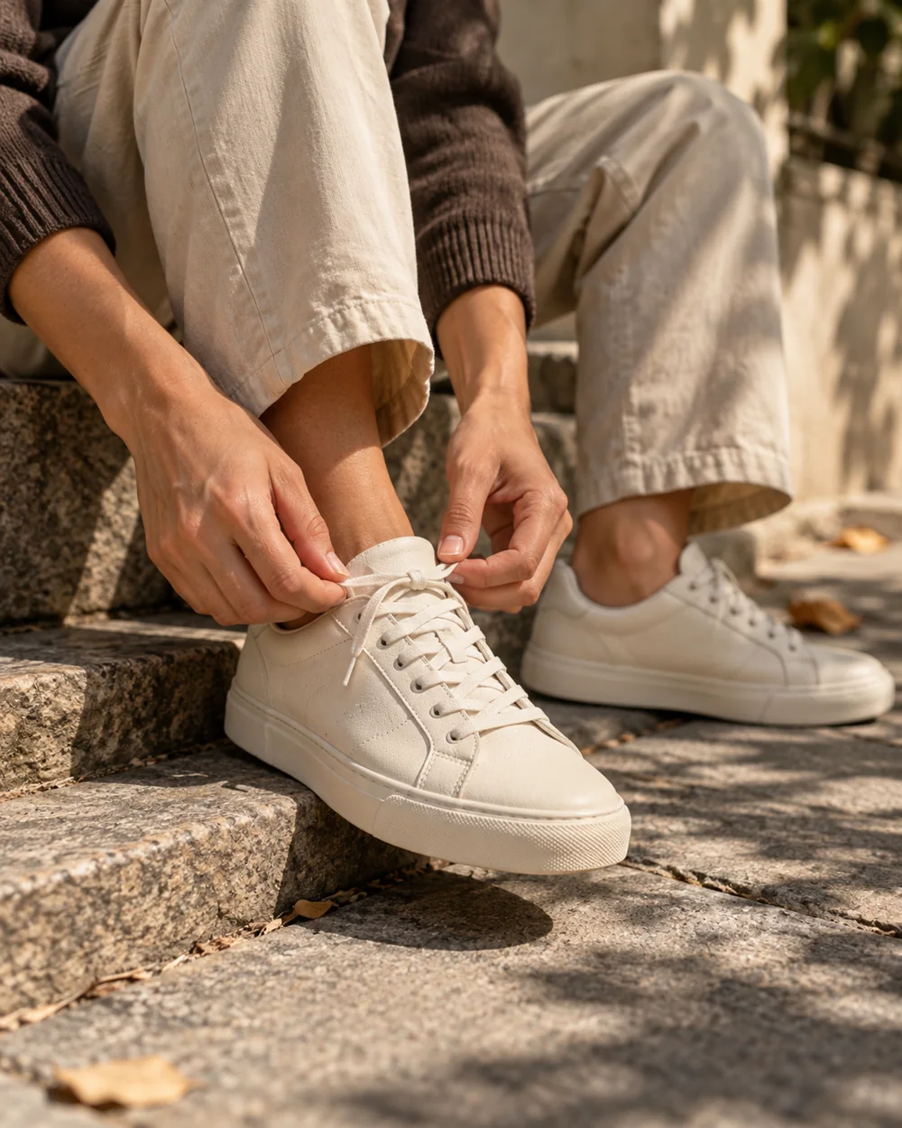 Detalle de una persona atándose las zapatillas en un escalón al sol.